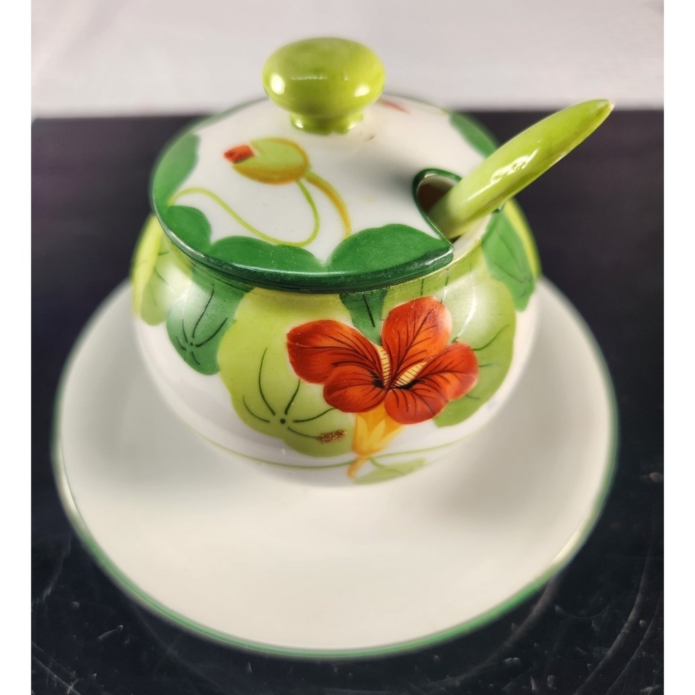 Vintage Hand Painted Porcelain Orchid Jam / Relish / Sugar Jar With Spoon Signed